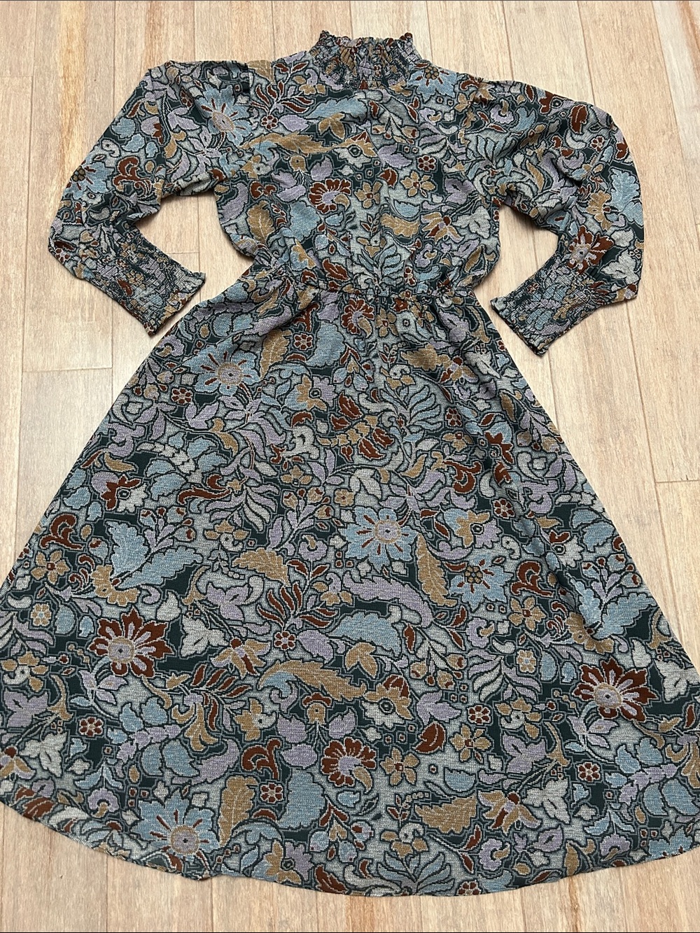 Ann Taylor Sage Multi Floral High-Neck Long Sleeve Midi Dress VTG style modest